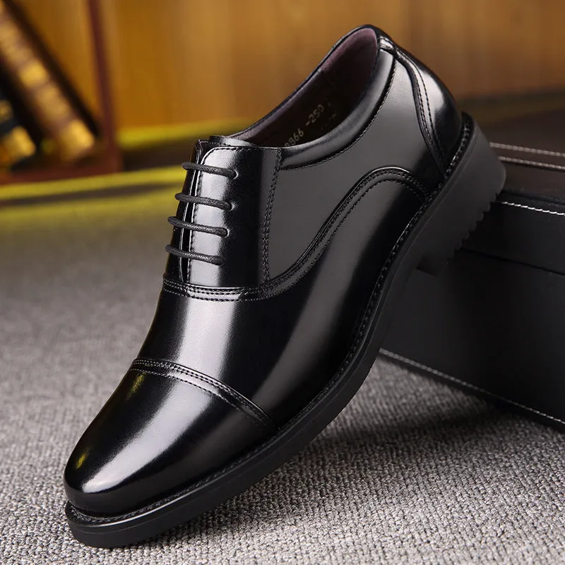 Black cowhide men's business formal leather shoes with round toe and rubber sole