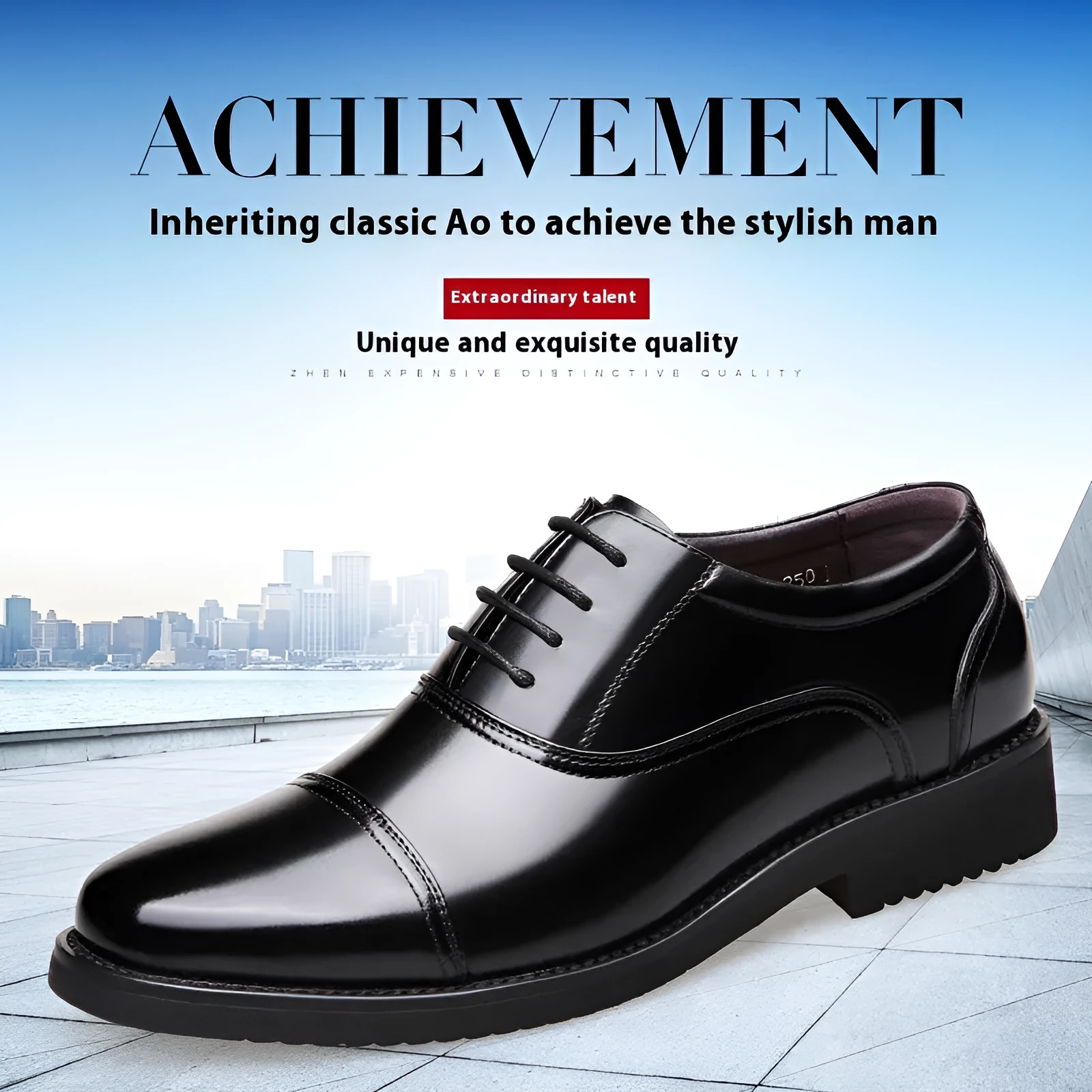 Black cowhide men's business formal leather shoes with round toe and rubber sole