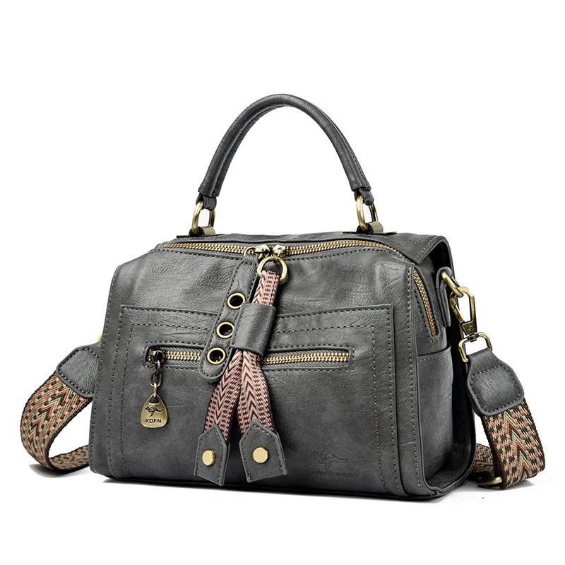 Women's retro style crossbody bag in soft PU leather with sandwich pocket, shown in six colour options