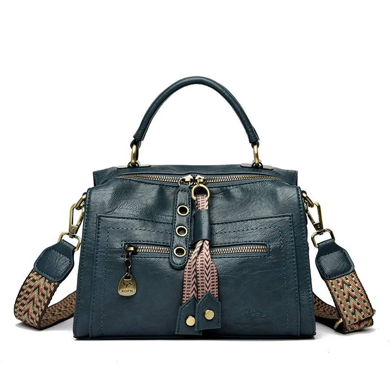 Women's retro style crossbody bag in soft PU leather with sandwich pocket, shown in six colour options