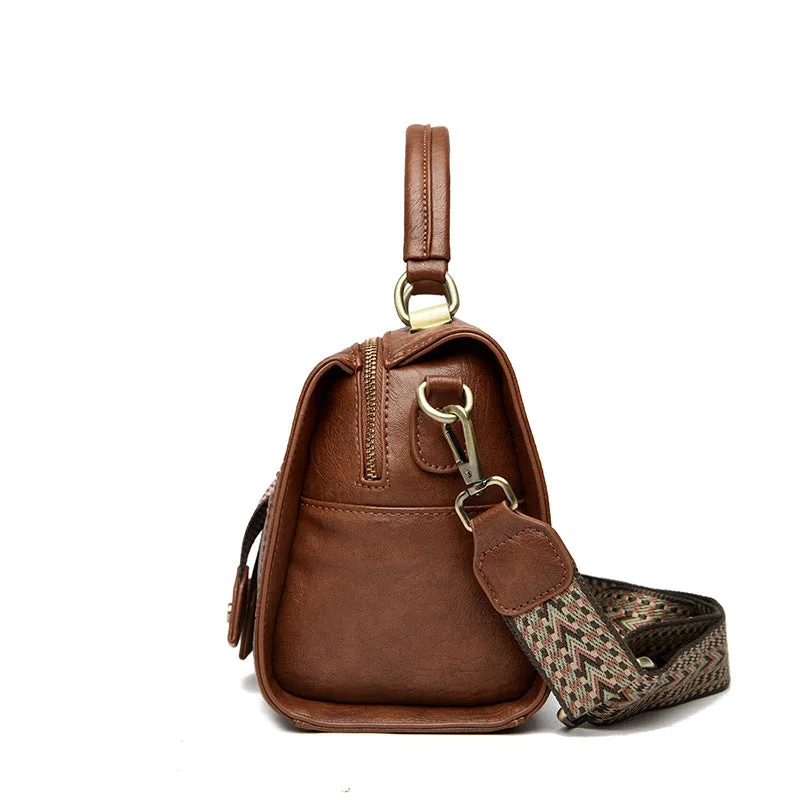 Women's retro style crossbody bag in soft PU leather with sandwich pocket, shown in six colour options