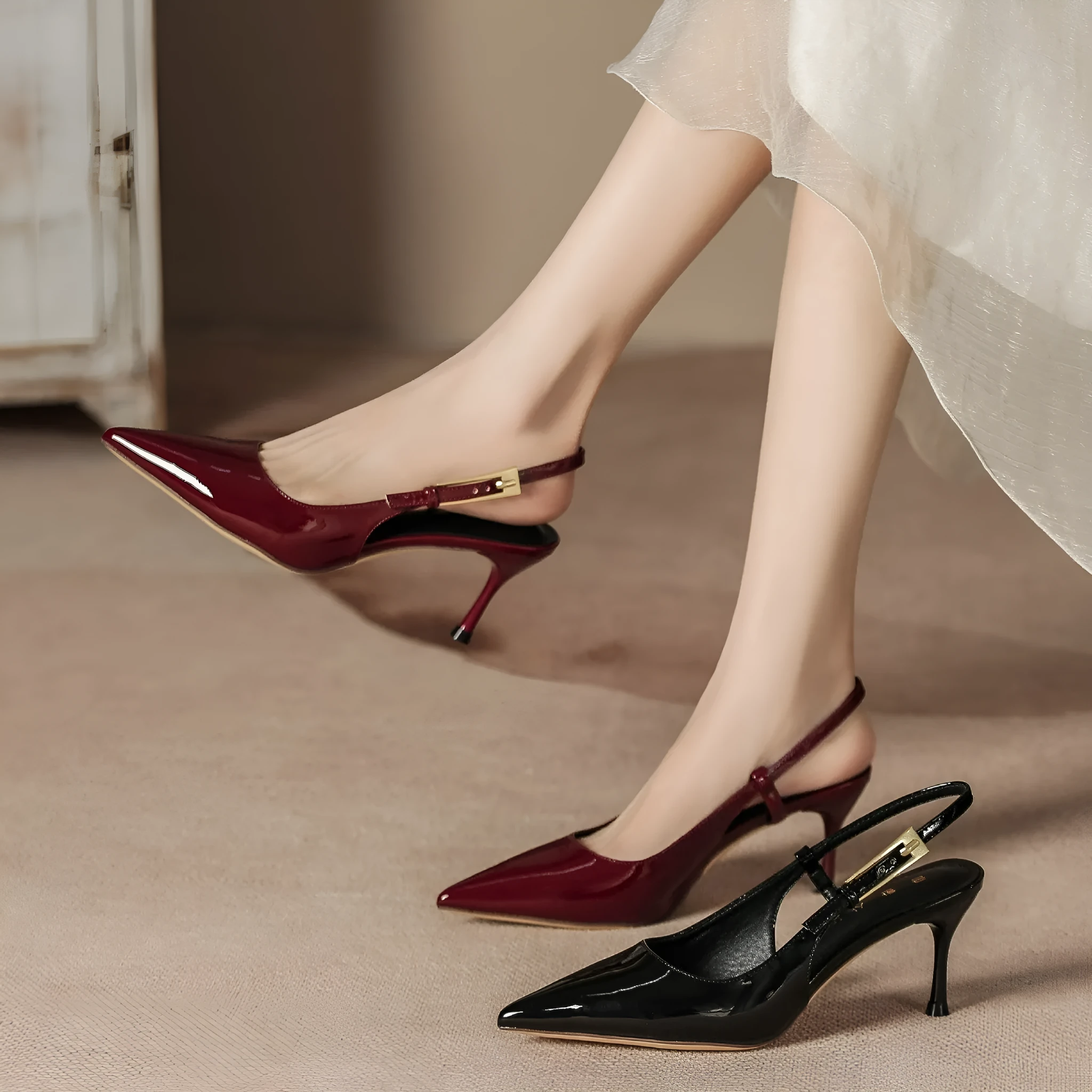 Women's stiletto heel pointed toe closed toe sandals in black with PU upper and rubber sole