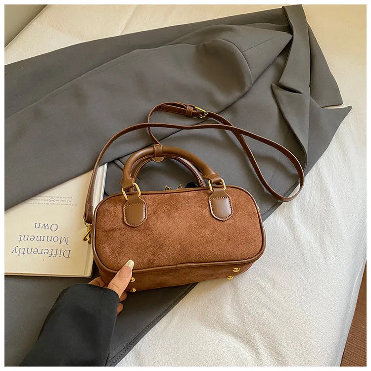 American retro PU leather bowling bag in brown with pendant and crossbody strap