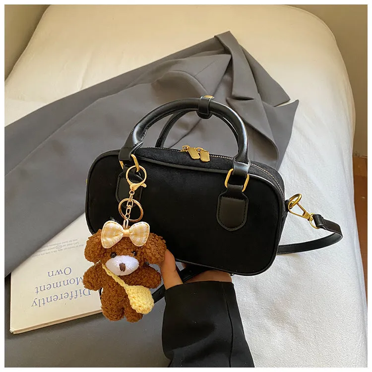 American retro PU leather bowling bag in brown with pendant and crossbody strap
