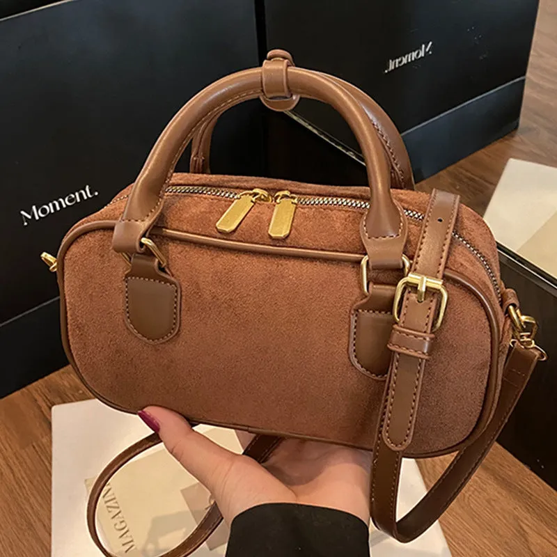 American retro PU leather bowling bag in brown with pendant and crossbody strap