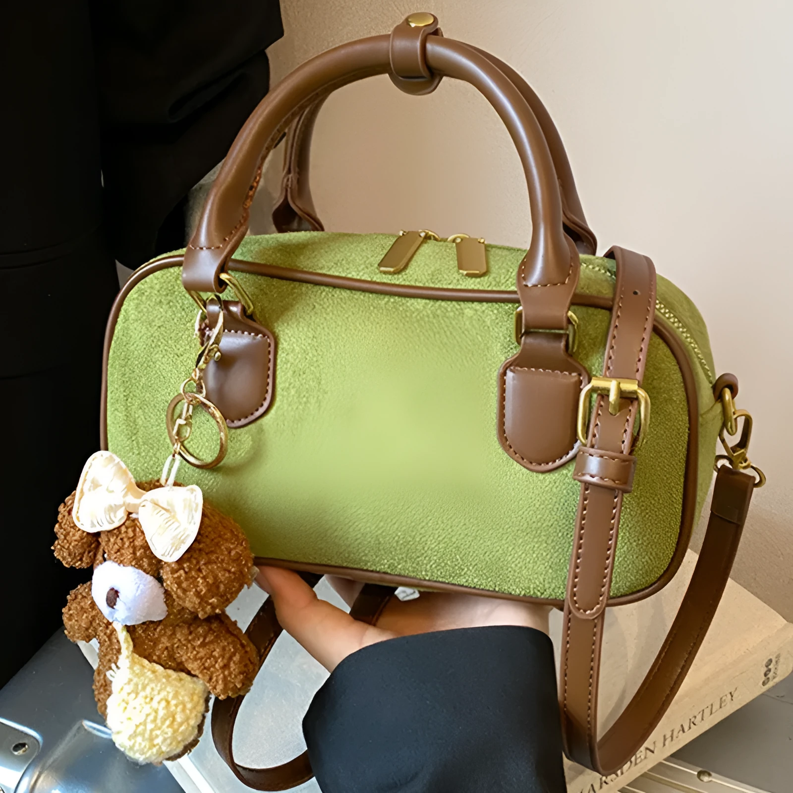 American retro PU leather bowling bag in brown with pendant and crossbody strap