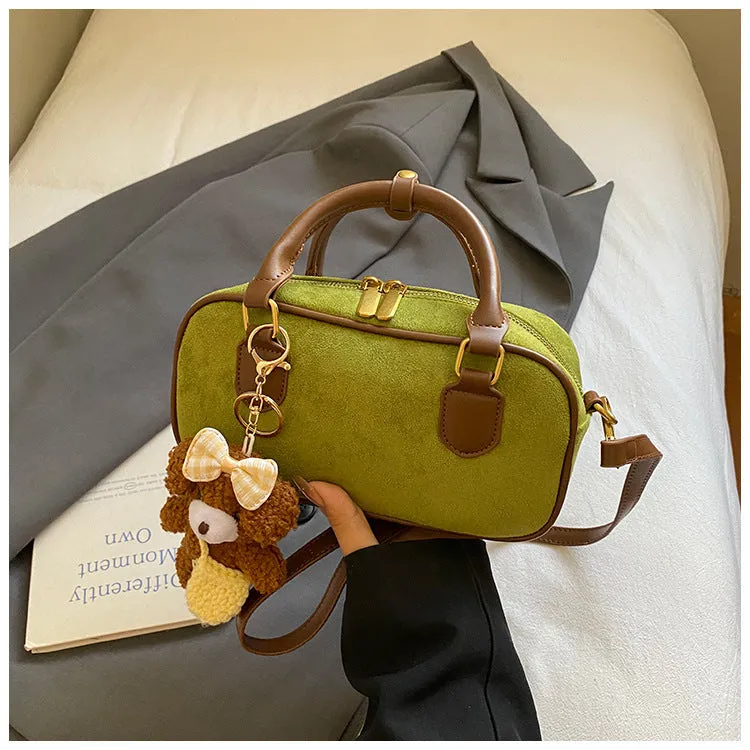 American retro PU leather bowling bag in brown with pendant and crossbody strap