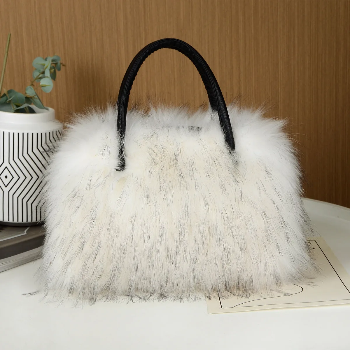 Soft plush handbag shoulder tote with double straps and three-dimensional outer pocket in multiple colours