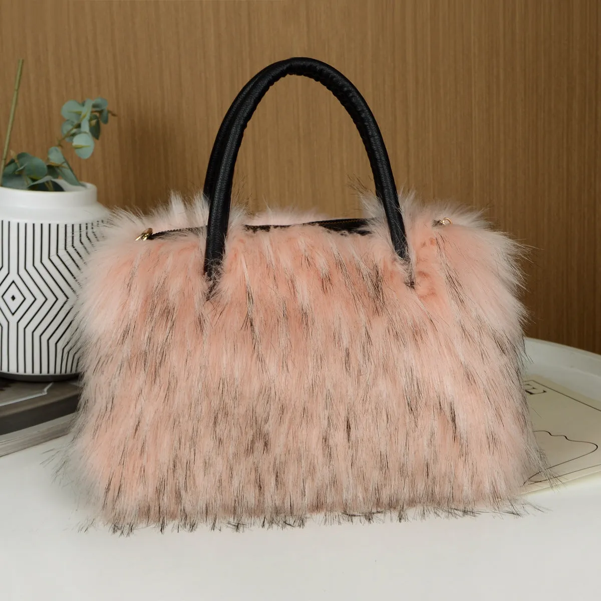 Soft plush handbag shoulder tote with double straps and three-dimensional outer pocket in multiple colours