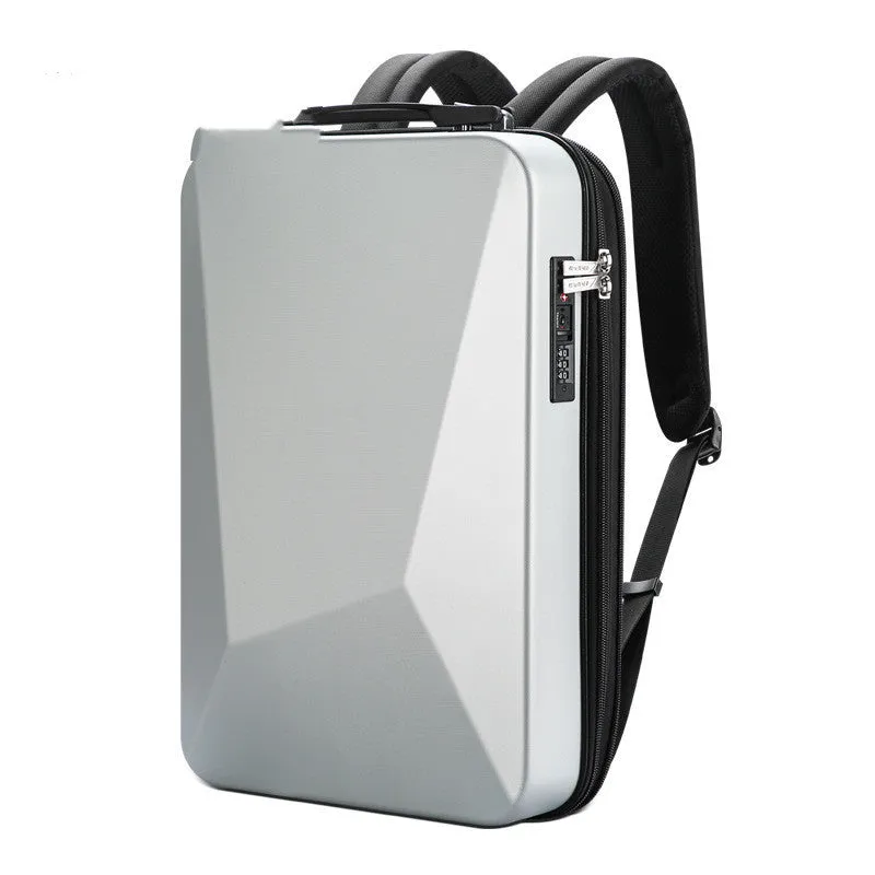 Men's hard shell gaming backpack in black or silver with anti-theft lock and multiple internal pockets.