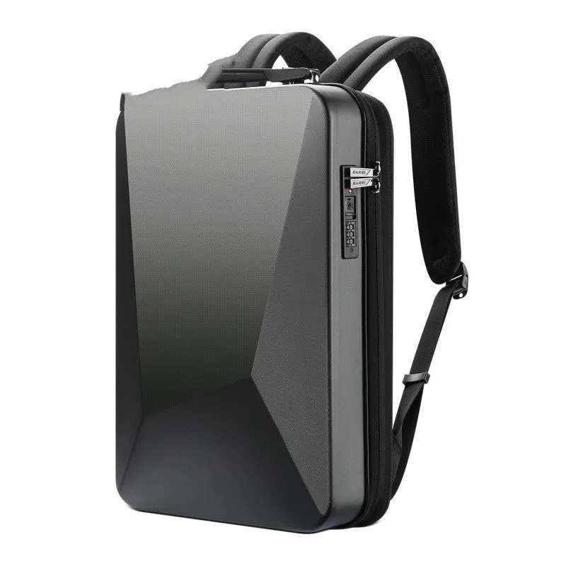 Men's hard shell gaming backpack in black or silver with anti-theft lock and multiple internal pockets.