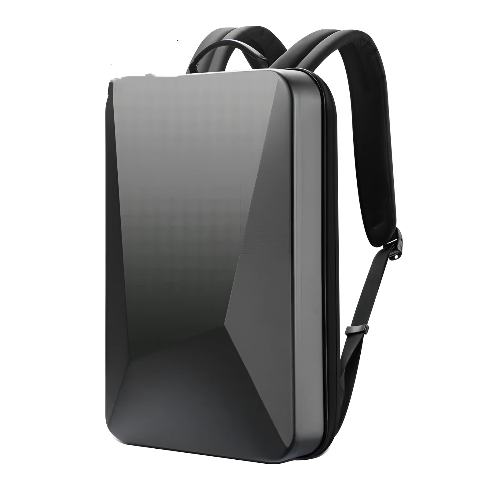 Men's hard shell gaming backpack in black or silver with anti-theft lock and multiple internal pockets.