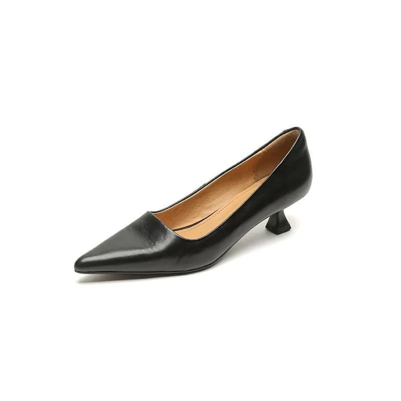 Pointed toe shallow mouth work shoes in brown with waxed pigskin leather upper and mid heel