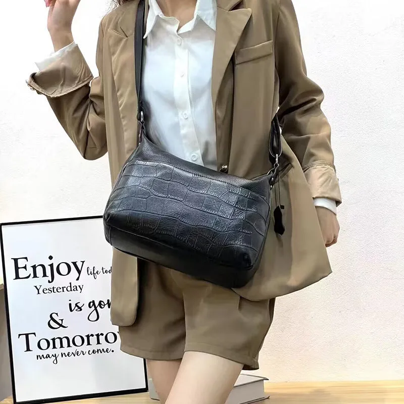 Genuine leather large capacity crossbody shoulder bag in black plaid with horizontal square shape