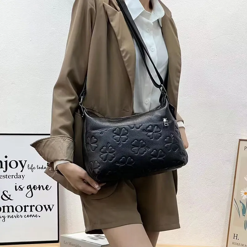 Genuine leather large capacity crossbody shoulder bag in black plaid with horizontal square shape