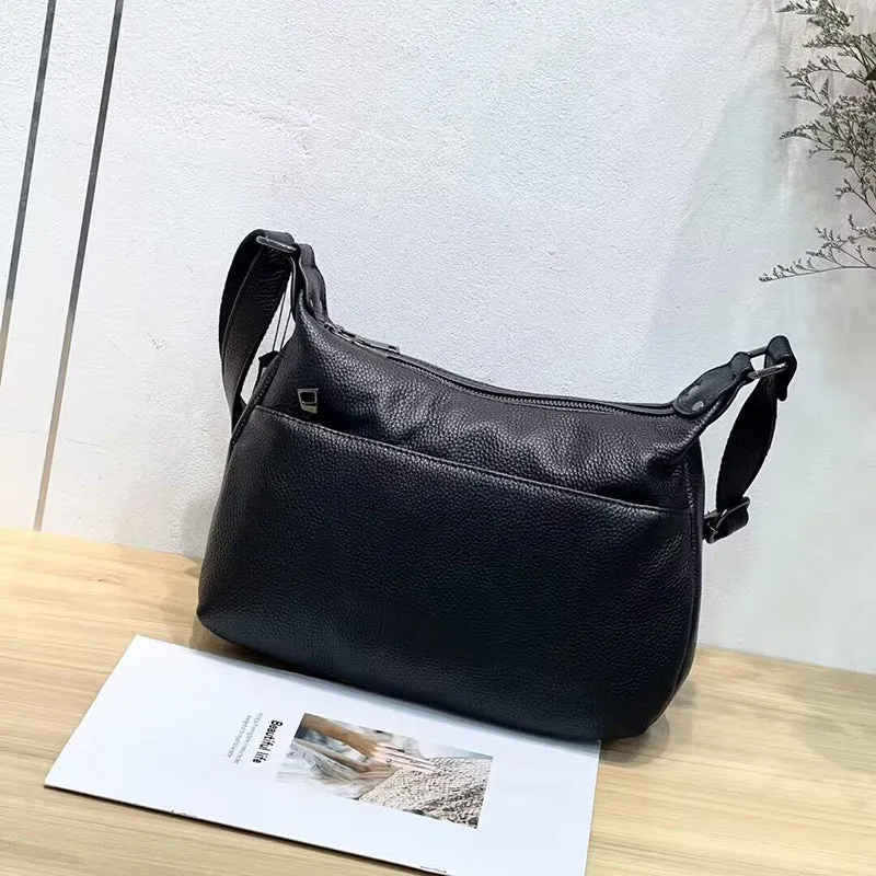 Genuine leather large capacity crossbody shoulder bag in black plaid with horizontal square shape