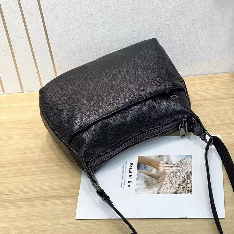Genuine leather large capacity crossbody shoulder bag in black plaid with horizontal square shape