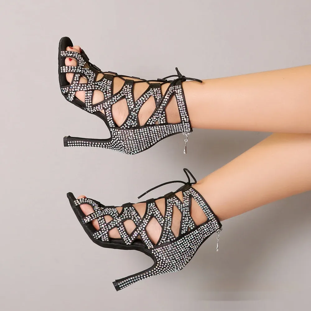 Women's high-top lace-up jazz dance shoes in black, fish mouth toe, fabric upper, 6-8cm heel