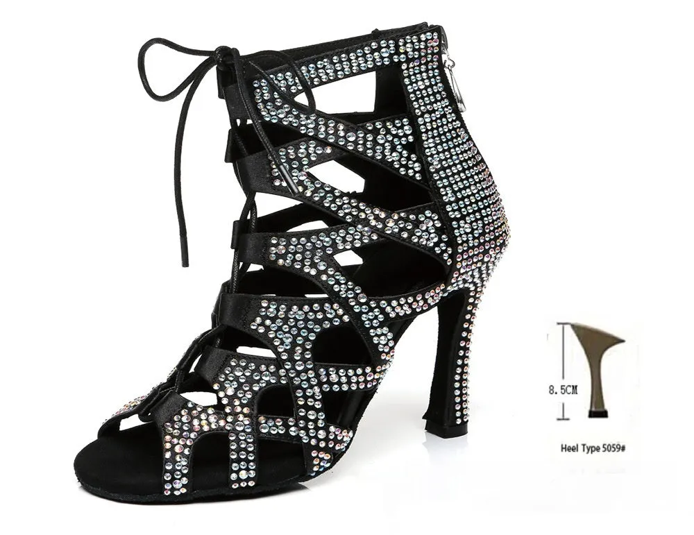 Women's high-top lace-up jazz dance shoes in black, fish mouth toe, fabric upper, 6-8cm heel