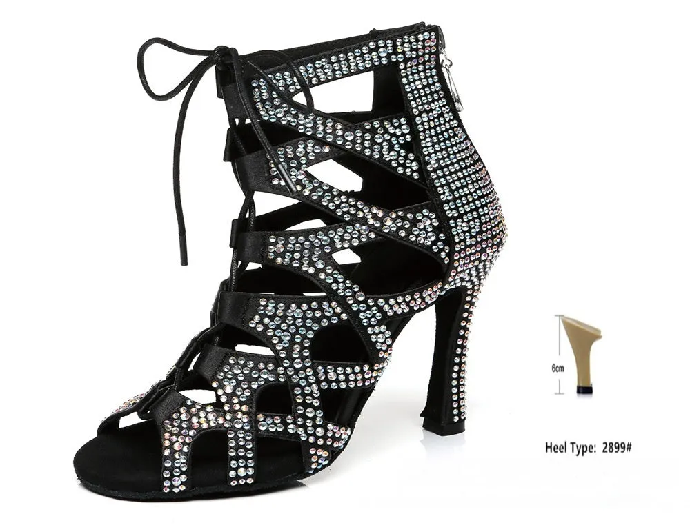 Women's high-top lace-up jazz dance shoes in black, fish mouth toe, fabric upper, 6-8cm heel