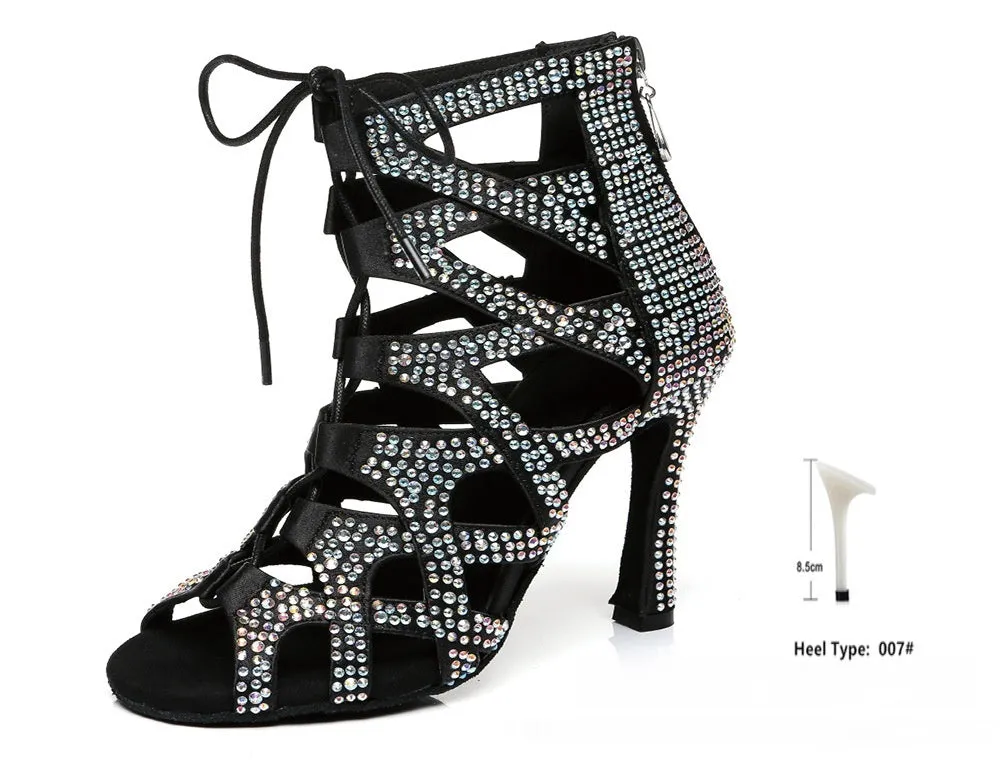Women's high-top lace-up jazz dance shoes in black, fish mouth toe, fabric upper, 6-8cm heel