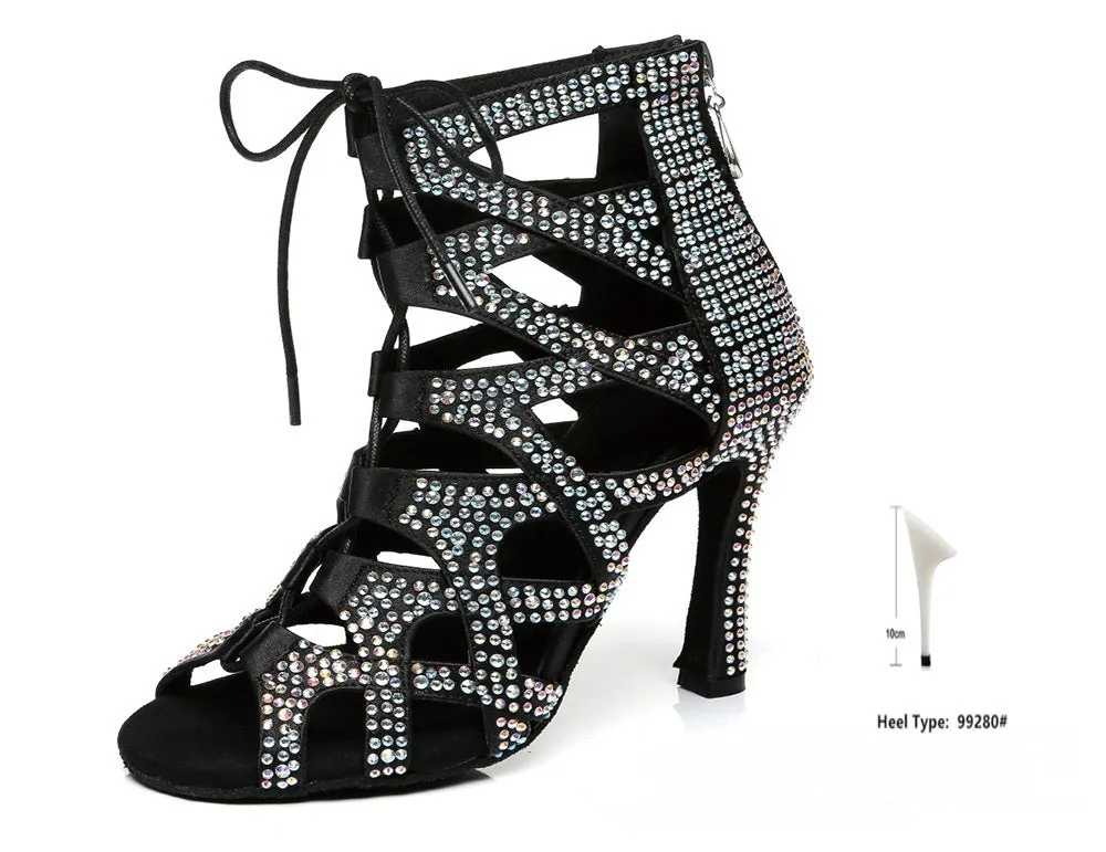 Women's high-top lace-up jazz dance shoes in black, fish mouth toe, fabric upper, 6-8cm heel