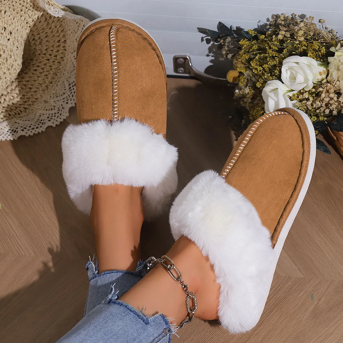 Cotton slippers with fleece lining, artificial wool inner, flat 2cm heel, PVC sole, solid colour design, sizes 36-45