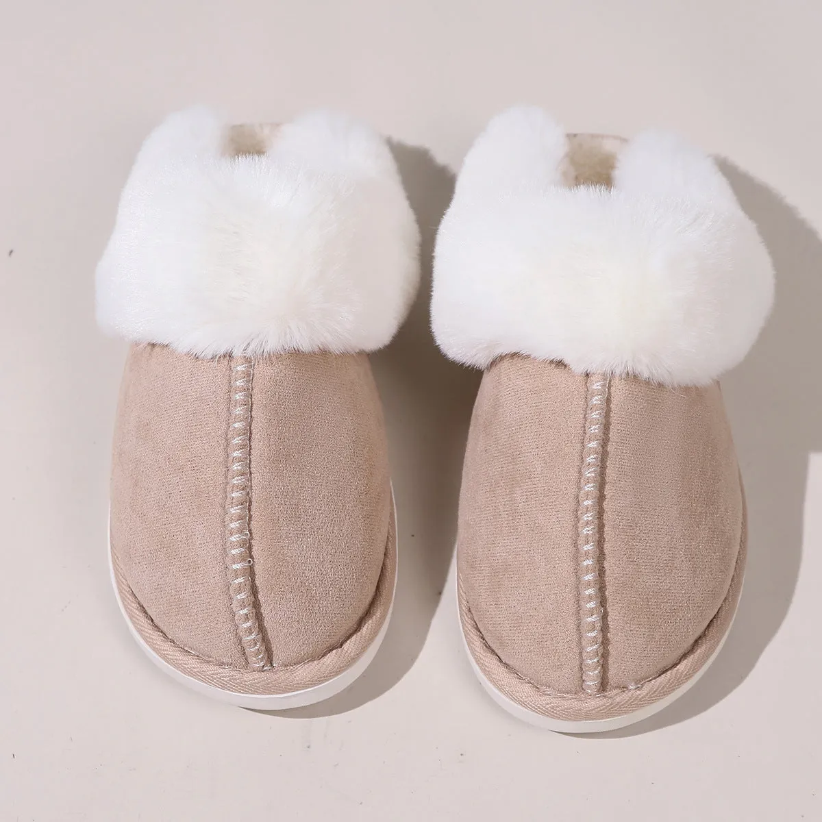 Cotton slippers with fleece lining, artificial wool inner, flat 2cm heel, PVC sole, solid colour design, sizes 36-45