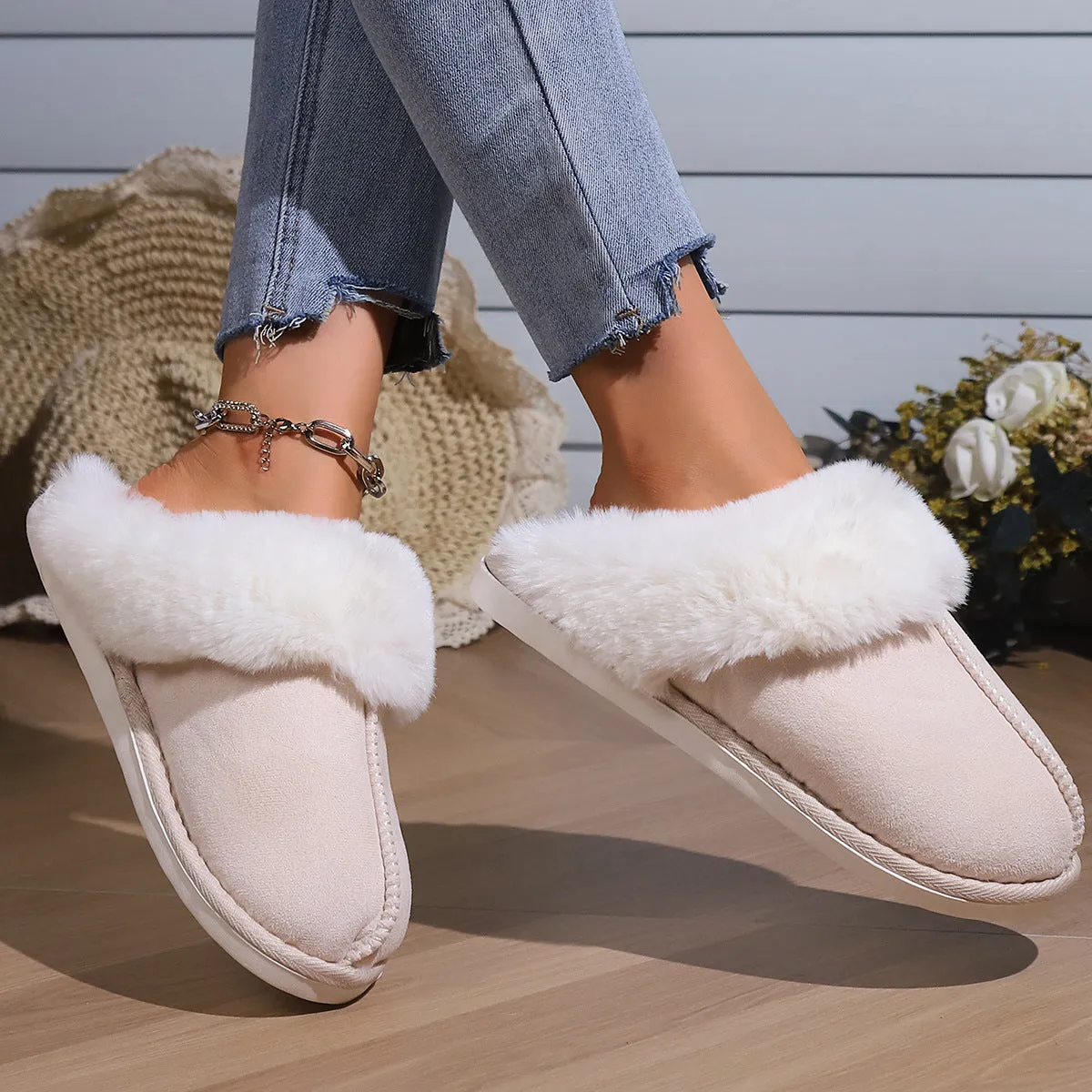 Cotton slippers with fleece lining, artificial wool inner, flat 2cm heel, PVC sole, solid colour design, sizes 36-45