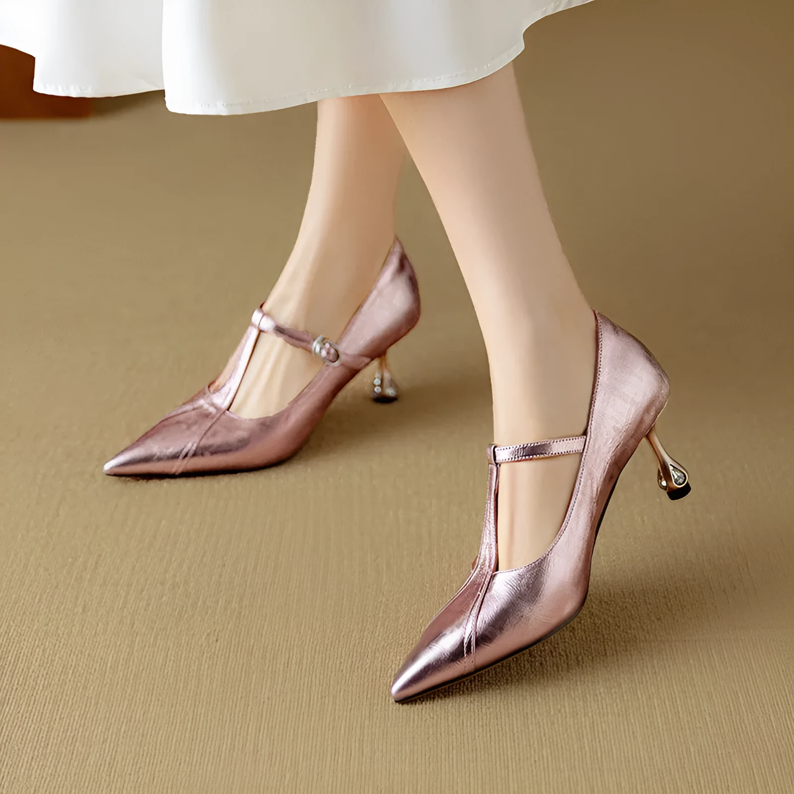 Women's gun colour genuine leather Mary Jane high heels with chunky heel and pointed toe