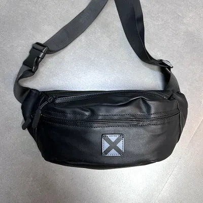 Korean men's waterproof PU shoulder bag in black crossbody style