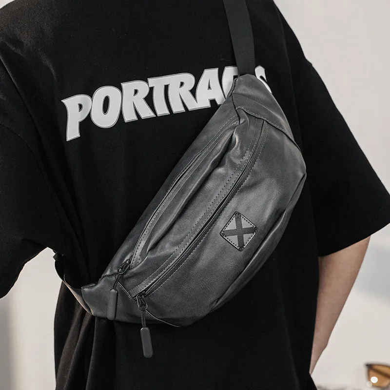 Korean men's waterproof PU shoulder bag in black crossbody style