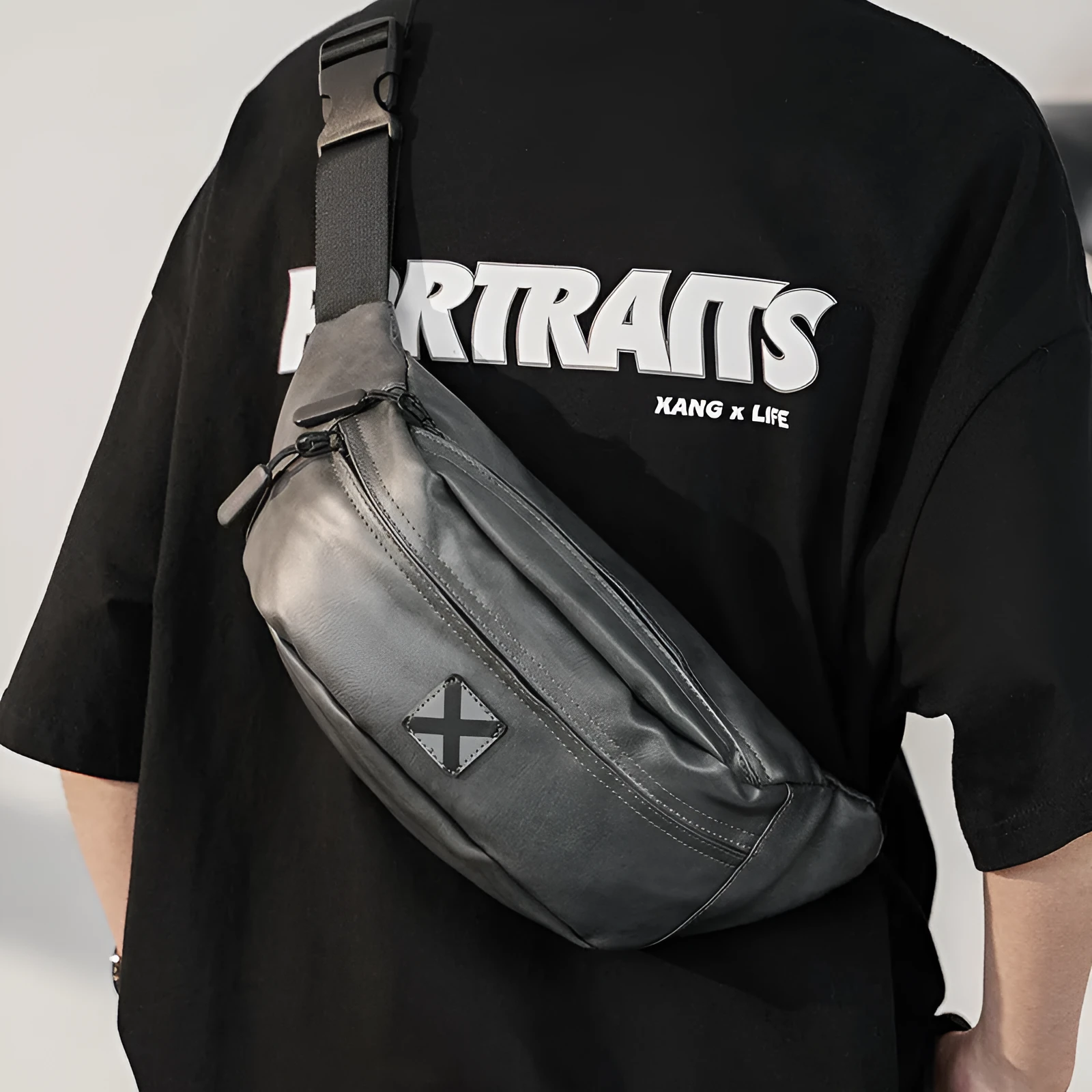 Korean men's waterproof PU shoulder bag in black crossbody style