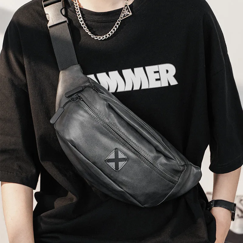 Korean men's waterproof PU shoulder bag in black crossbody style