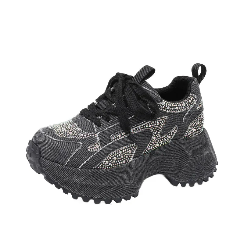Blue white gradient denim high top platform sneakers for women with rhinestones, side view