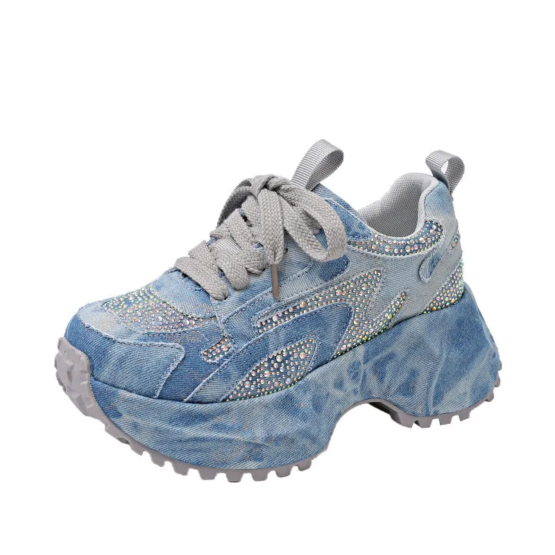 Blue white gradient denim high top platform sneakers for women with rhinestones, side view
