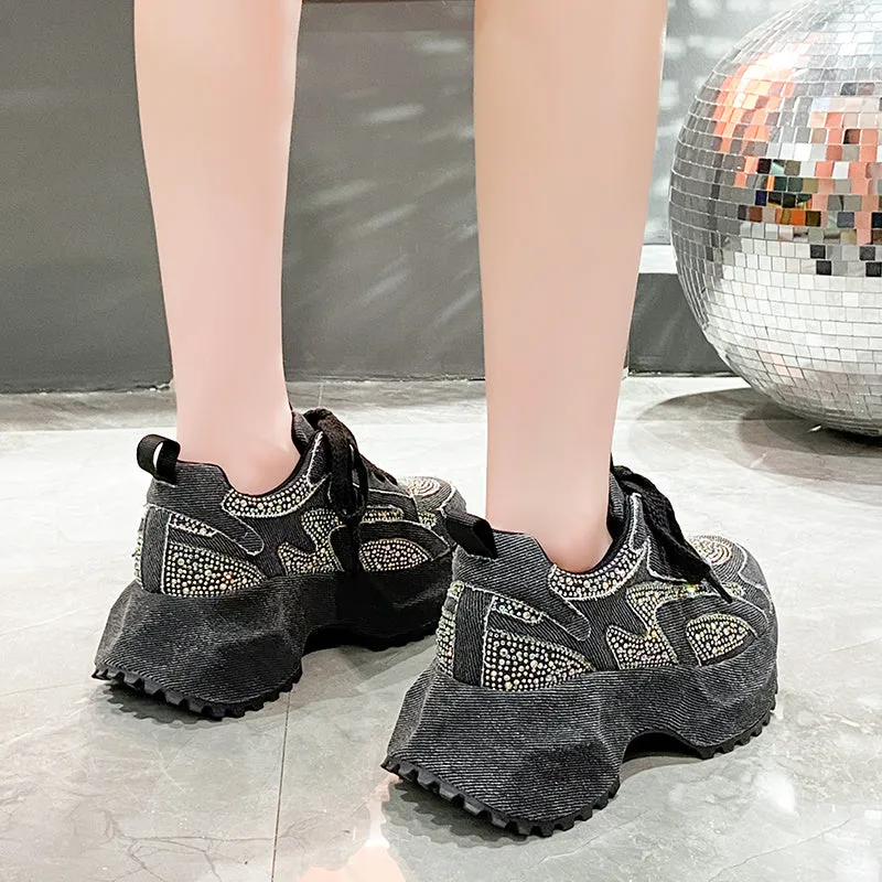 Blue white gradient denim high top platform sneakers for women with rhinestones, side view