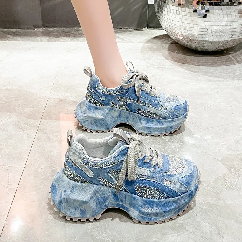 Blue white gradient denim high top platform sneakers for women with rhinestones, side view