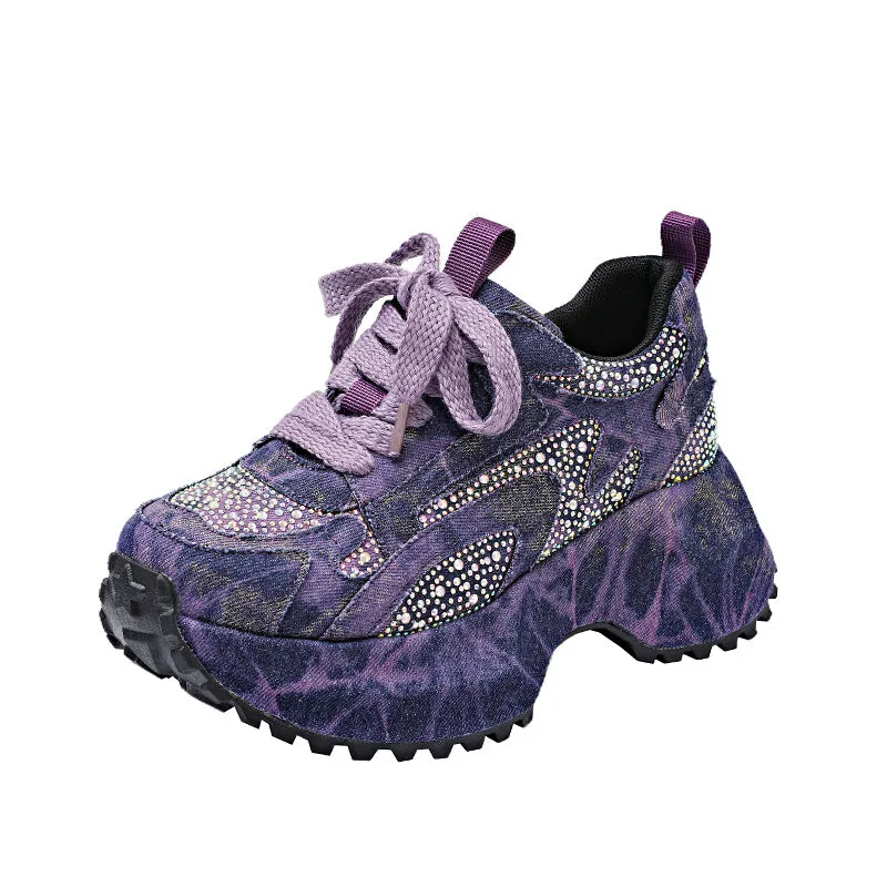 Blue white gradient denim high top platform sneakers for women with rhinestones, side view