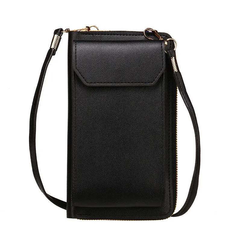 Mini crossbody phone bag for women in black PU leather with adjustable strap and sewing thread detail.