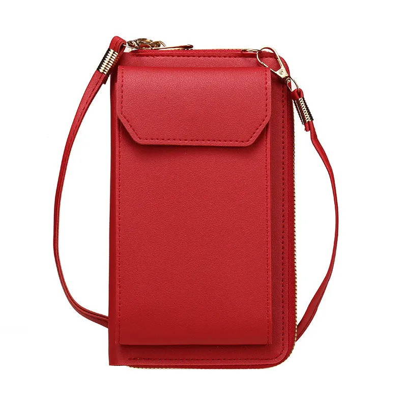 Mini crossbody phone bag for women in black PU leather with adjustable strap and sewing thread detail.