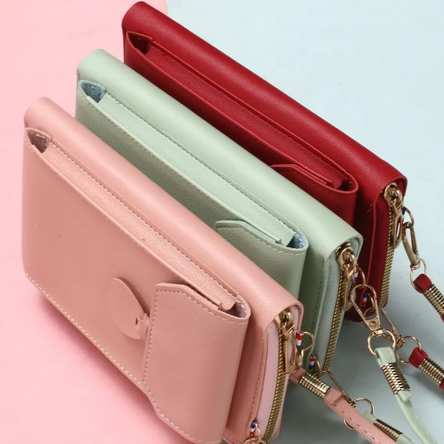 Mini crossbody phone bag for women in black PU leather with adjustable strap and sewing thread detail.