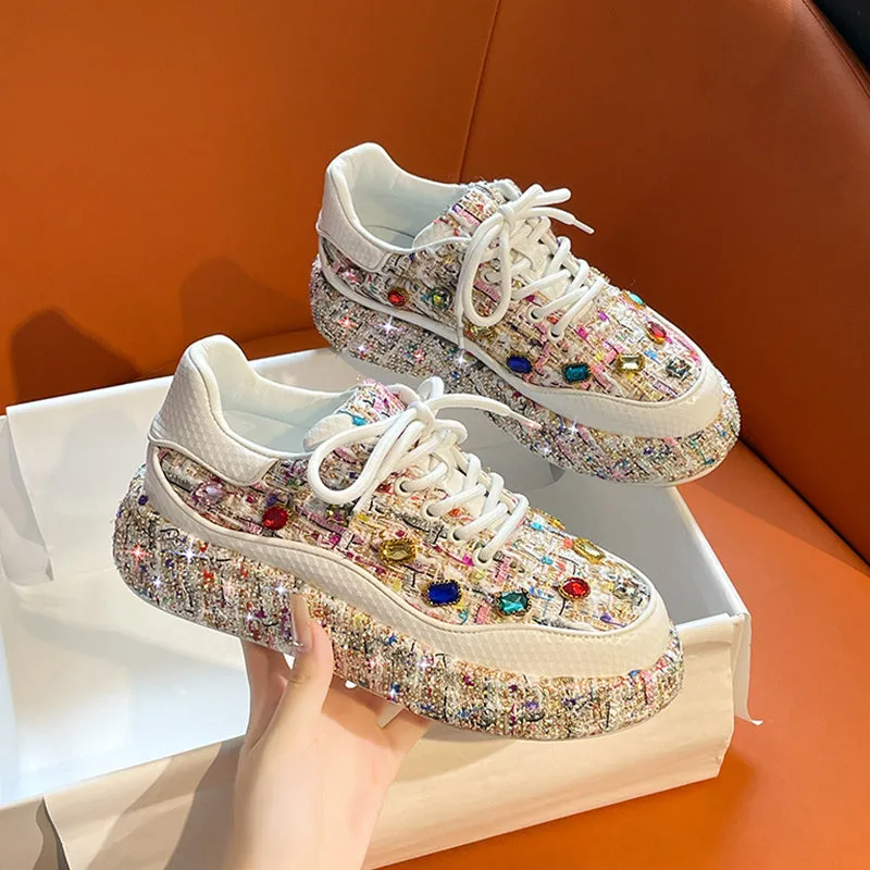 Women's colourful tweed platform loafers with gemstones on slip-on flat shoes, black and white options available