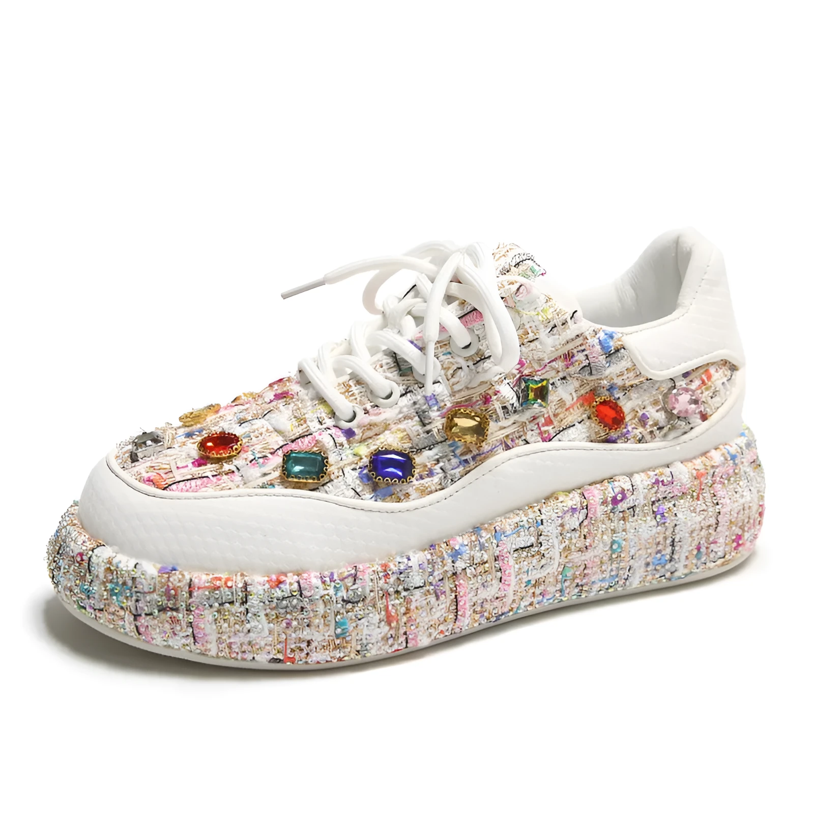 Women's colourful tweed platform loafers with gemstones on slip-on flat shoes, black and white options available