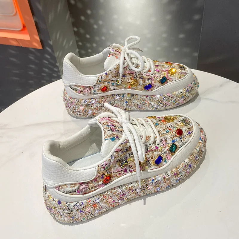 Women's colourful tweed platform loafers with gemstones on slip-on flat shoes, black and white options available