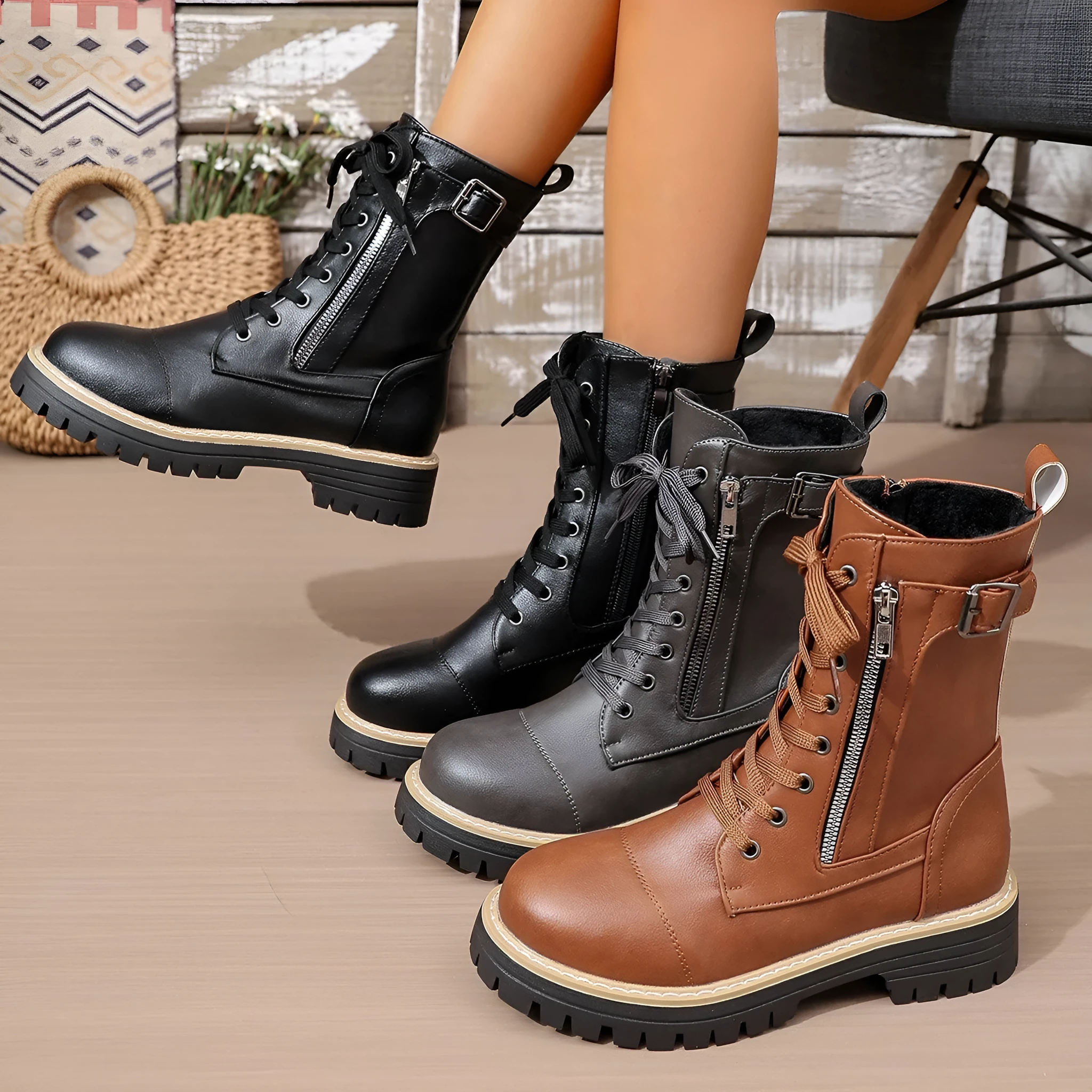 Women's solid colour cowhide low heel middle boots in black