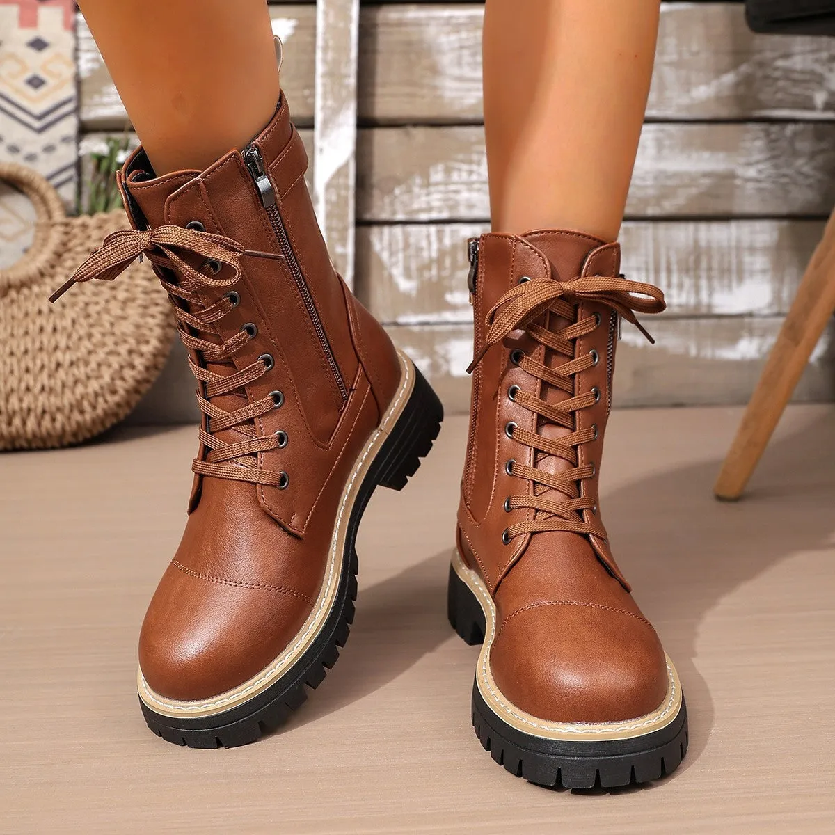 Women's solid colour cowhide low heel middle boots in black