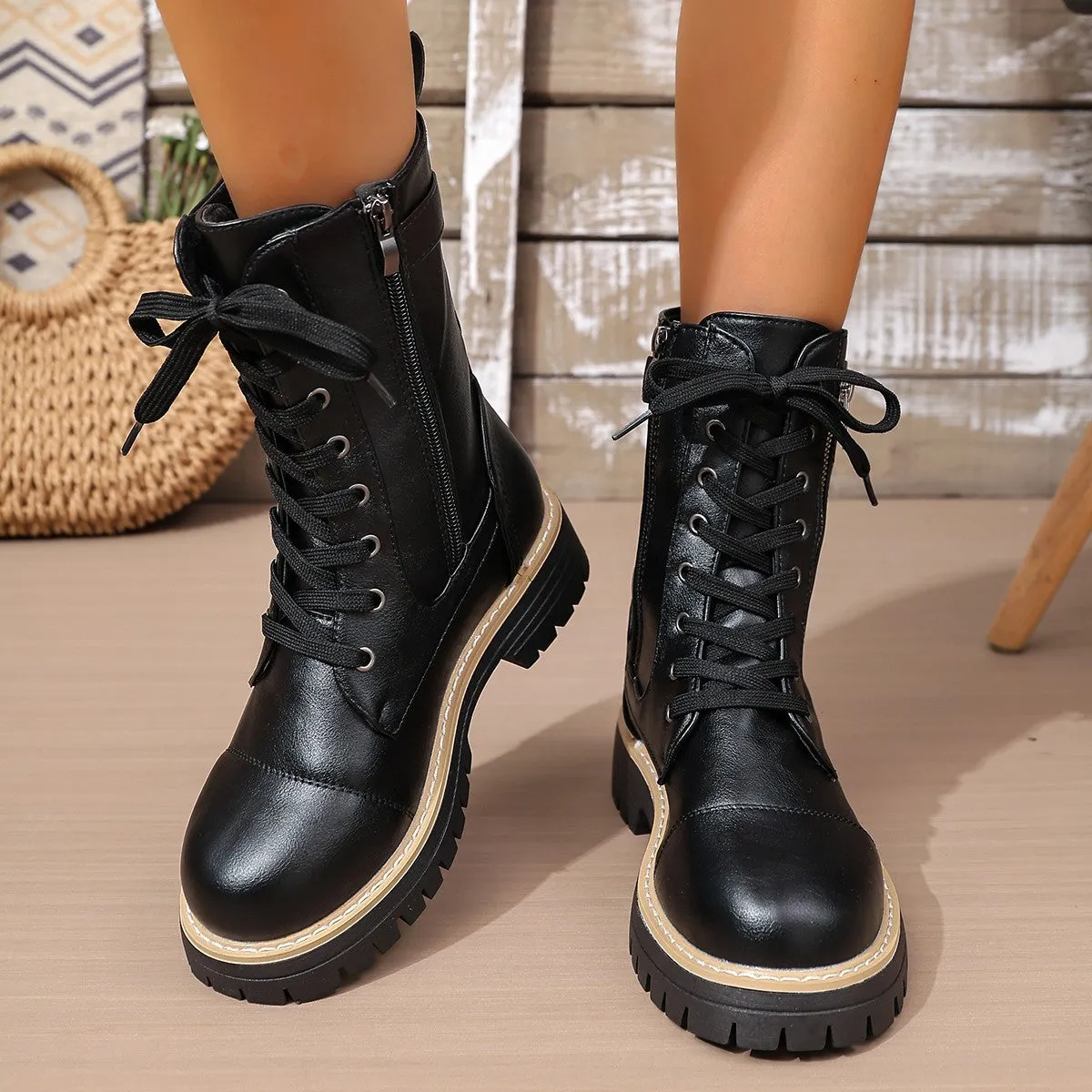 Women's solid colour cowhide low heel middle boots in black