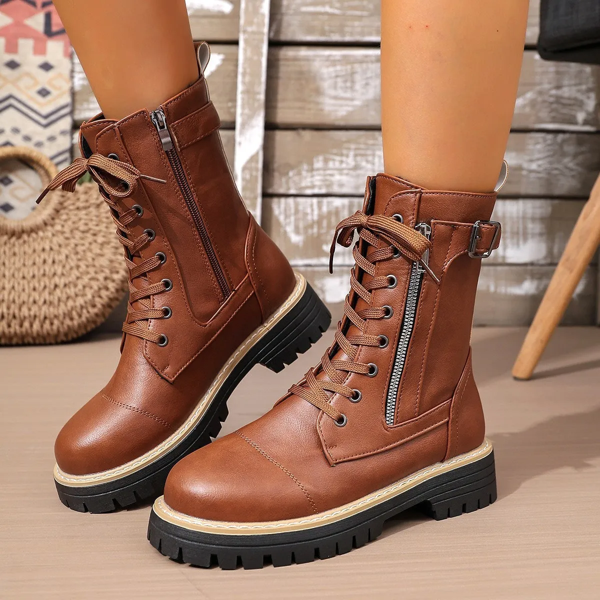 Women's solid colour cowhide low heel middle boots in black