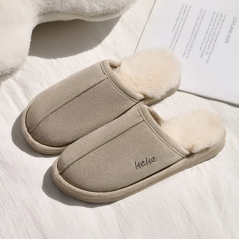Pair of warm plush cotton slippers with TPR sole in beige on a tiled floor